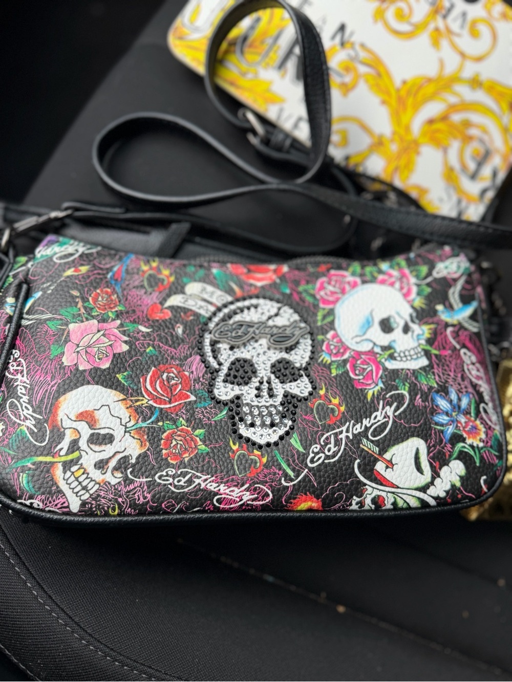 Ed Hardy Black Multi-Color Floral & Skull Crossbody - Picture 3 of 4